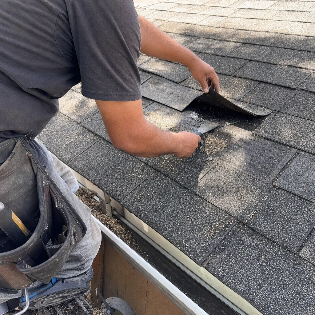 A roofer performing detailed shingle removal during a professional roof repair.