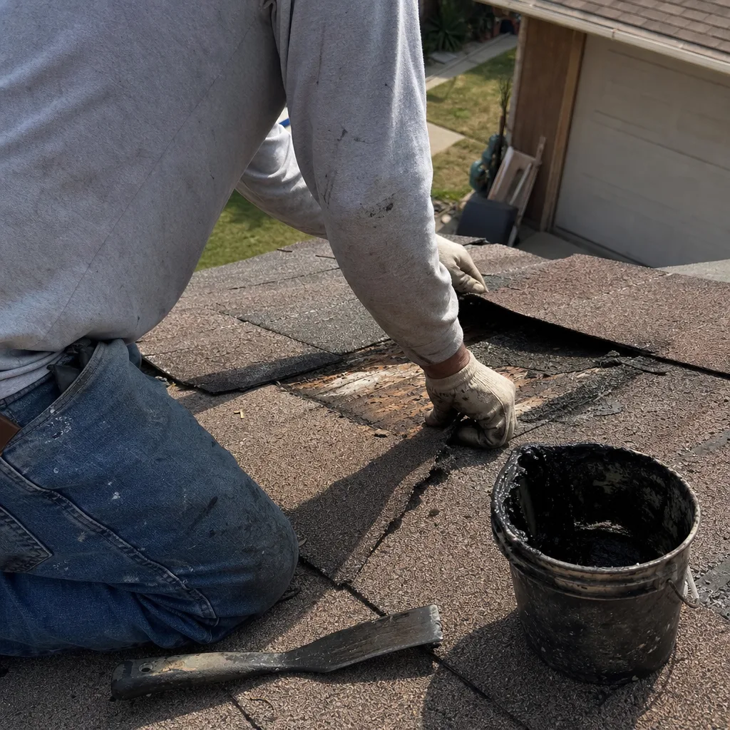 Roofing professional applying adhesive to repair damaged shingles on a residential roof