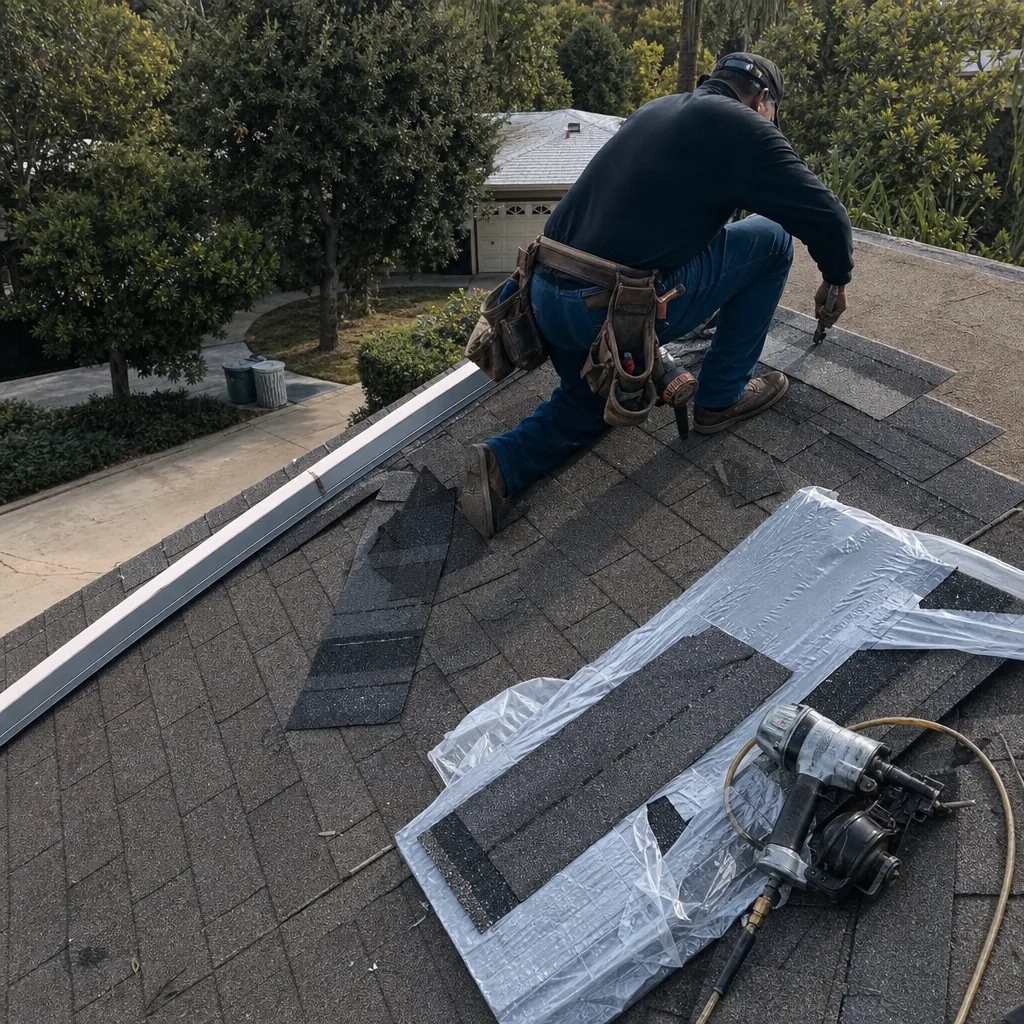 Professional roofer performing roof shingle repair with pneumatic nail gun