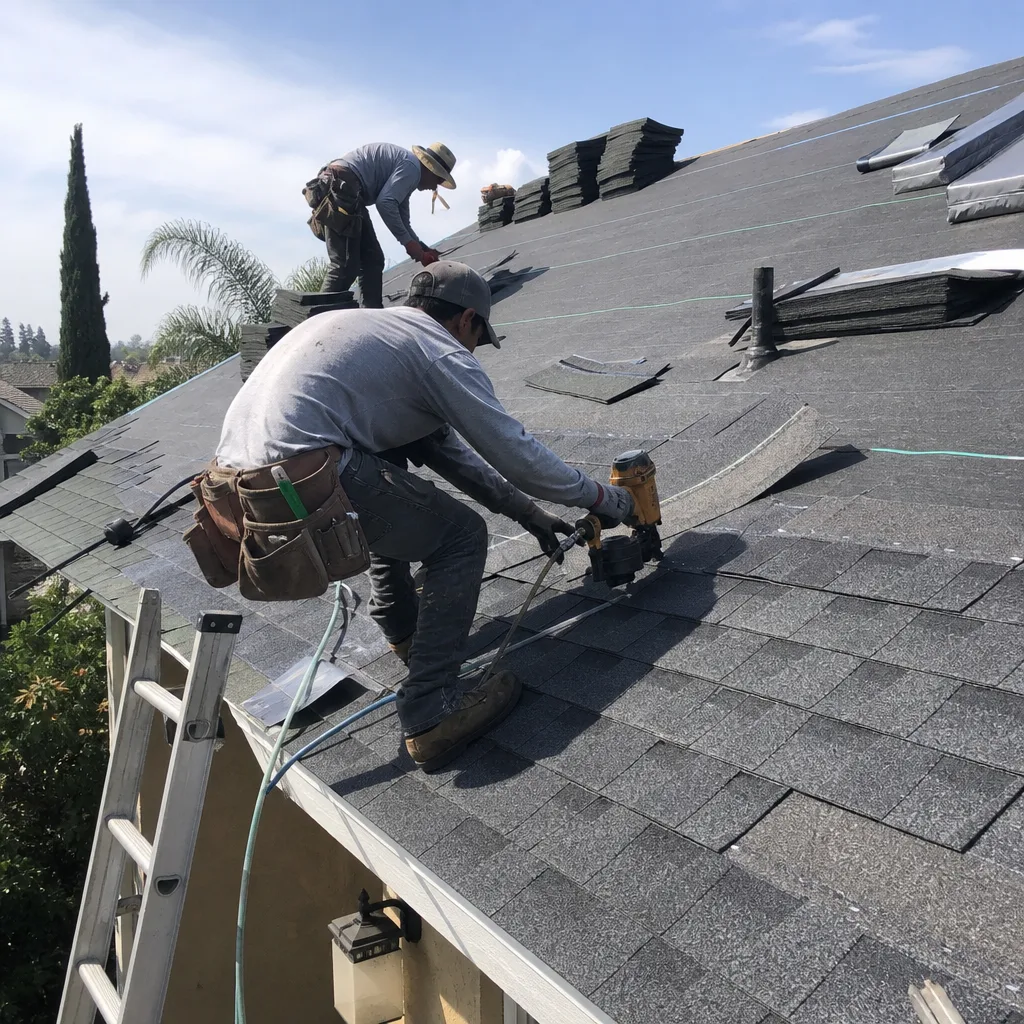 Two professional roofers performing a residential roof replacement with shingles