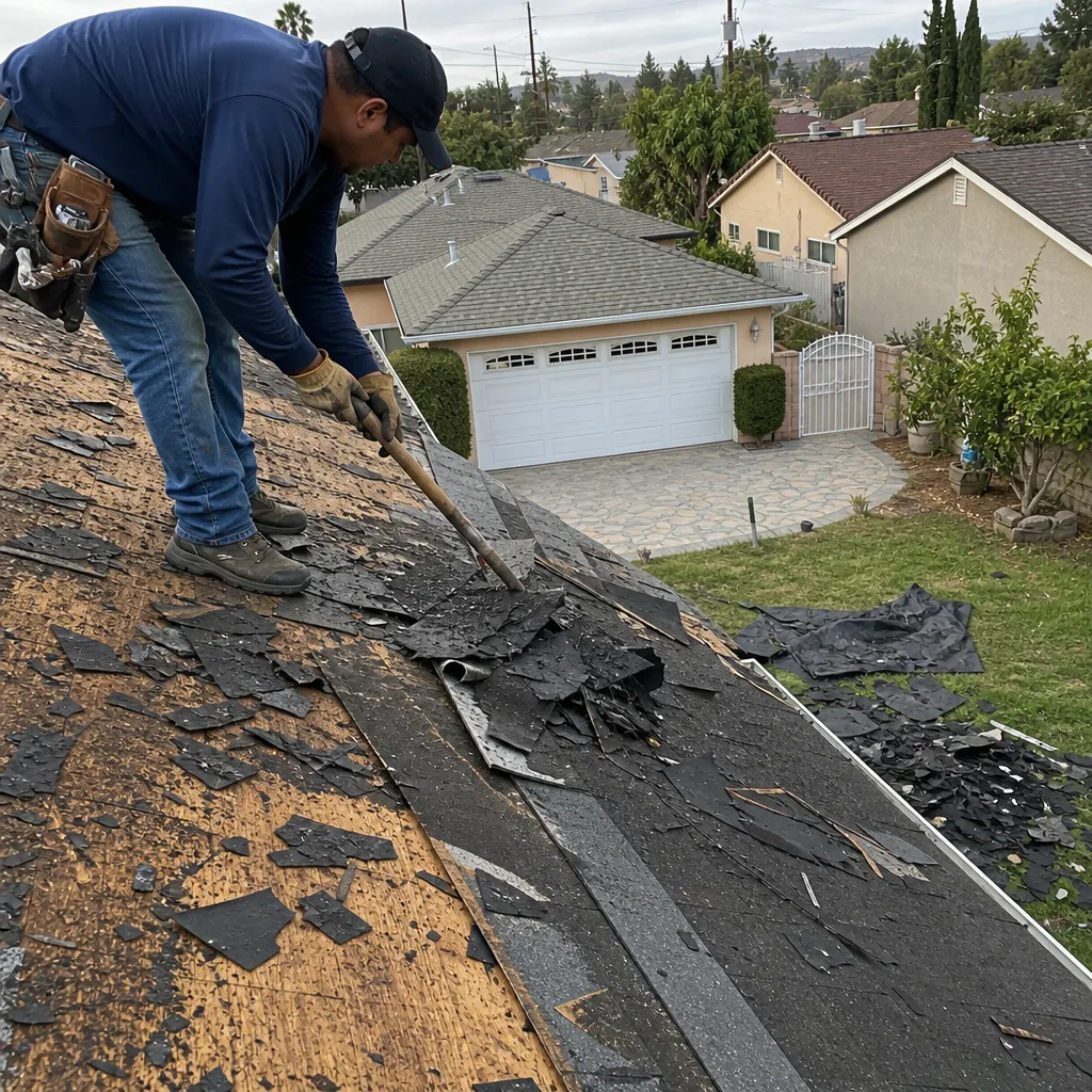Professional roofing contractor performing residential roof shingle removal and replacement.