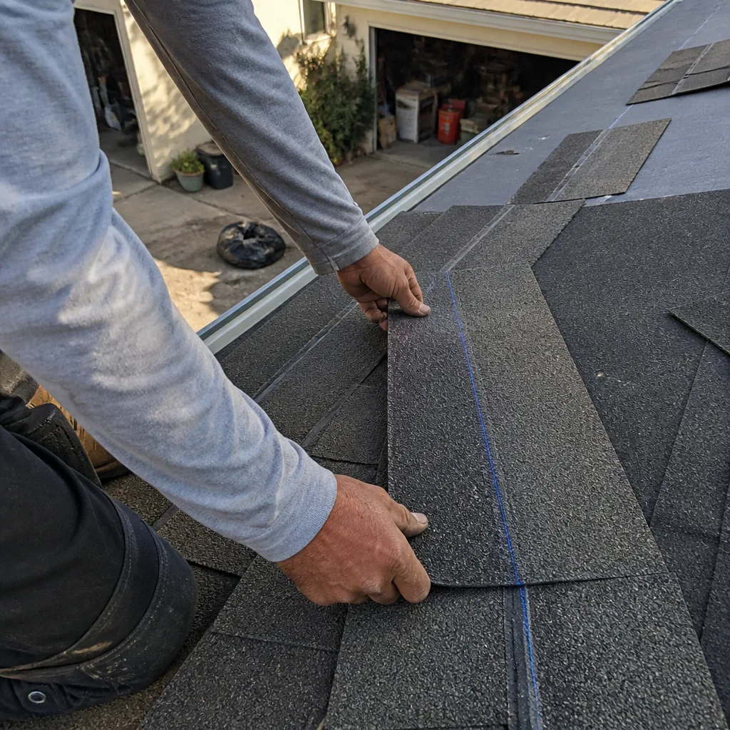 Professional roofer installing new asphalt shingles during a roof replacement