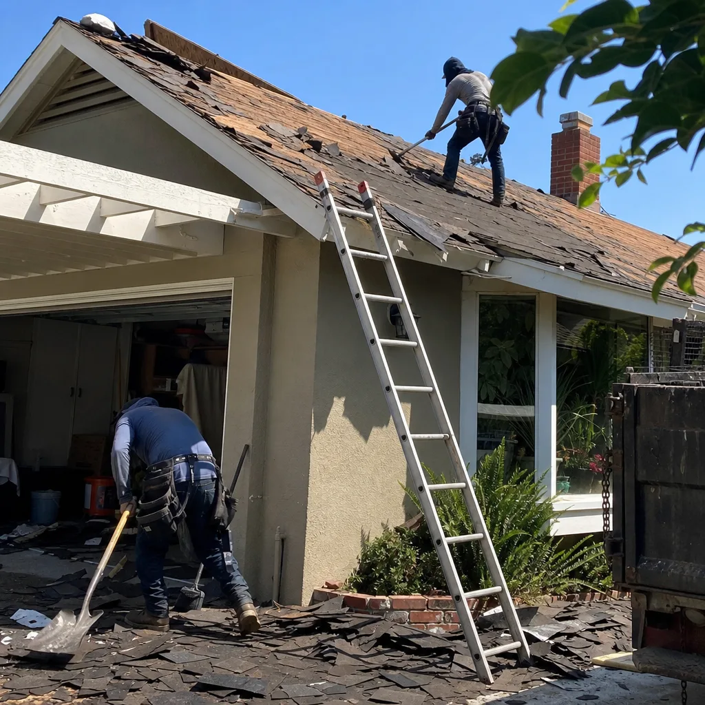 Two professional contractors removing old shingles from a residential roof