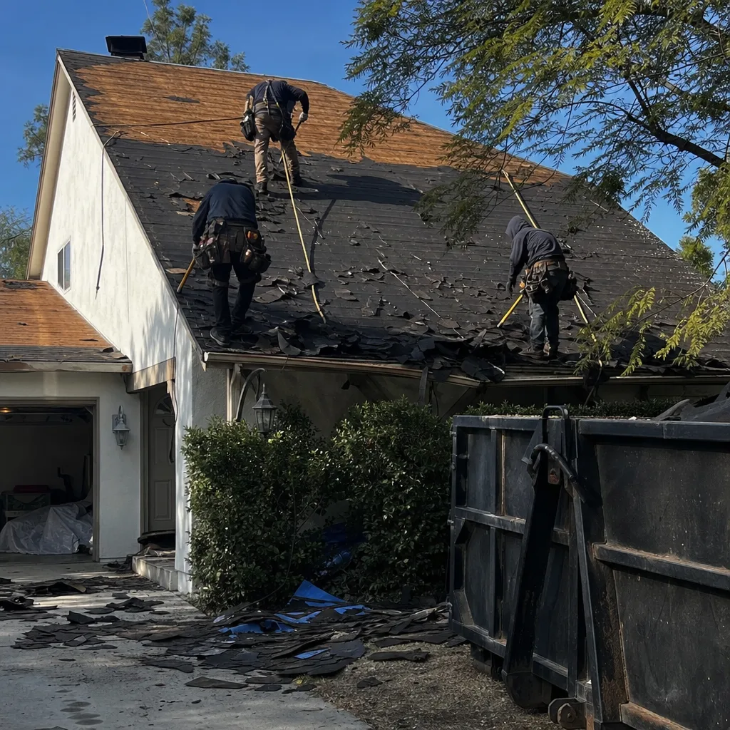 Roofing crew removing old shingles from a residential house roof