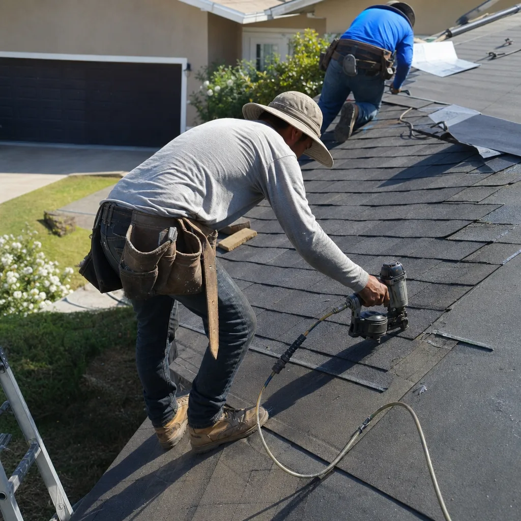 Two professional roofers installing shingles with pneumatic nail guns on a roof